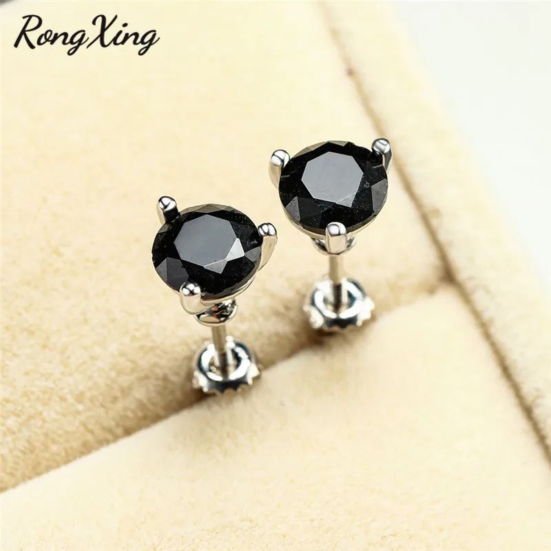 Rongxing старинный черный 3 коготь круглый Циркон Спиральные серьги для женщин 925 серебро заполненные сережки-гвоздики с кристаллами рождественские украшения