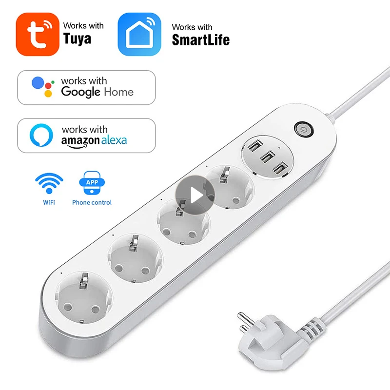 Regleta inteligente con Wifi, Cable de Control remoto voz, temporizador, 4 enchufes europeos, 3 puertos USB, funciona con Tuya, Alexa y Google Home|Enchufes eléctricos| - AliExpress