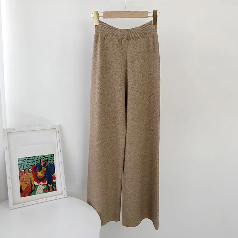 Aachoae 2020 Lady Solid Knit Pants Loose Wide Leg Long Length Pants Female Drawstring Casual Office Home Wear Trousers Pantalon