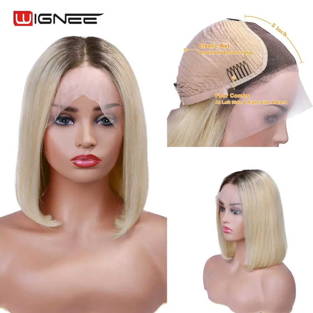 

Wignee Short Straight Hair Lace Front Bob Human Wig For Black Women Ombre Blonde 613Virgin Hair150% Density Swiss Lace Human Wig