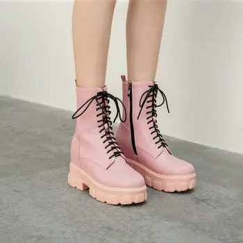 

Sianie Tianie 2020 good quality pink white woman's boots platform wedges high heels cross-tied matin women winter boots size 43