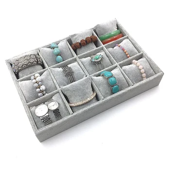

12 Slots Portable Velvet Jewelry Tray Ring Earring Insert Display Jewelry Wristwatch Bangle No Lid Flat Stackable Holder Storage