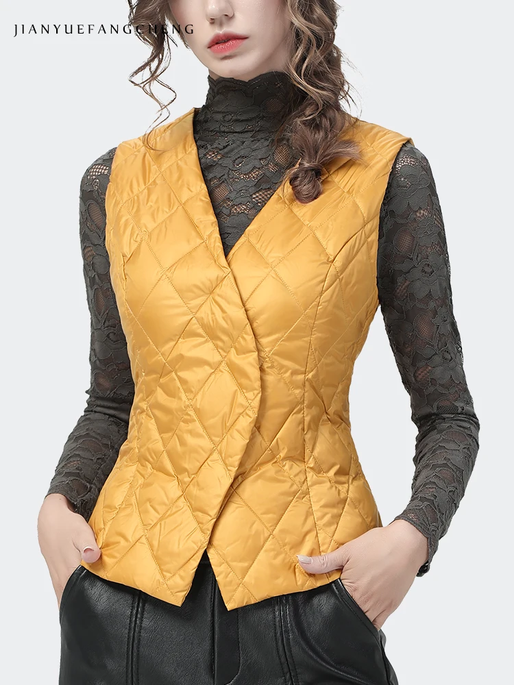 

Fashion Women Winter Warm White Duck Down Vest Outerwear Solid Sleeveless V-Neck Slim Short Padded Tops Inside Casual Jackets
