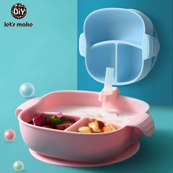 

Portable 3 Grid Baby Silicone Feeding Dishes Baby Plate Divided Food Bowl with Straw Toddler Infant Food Feeding Tableware