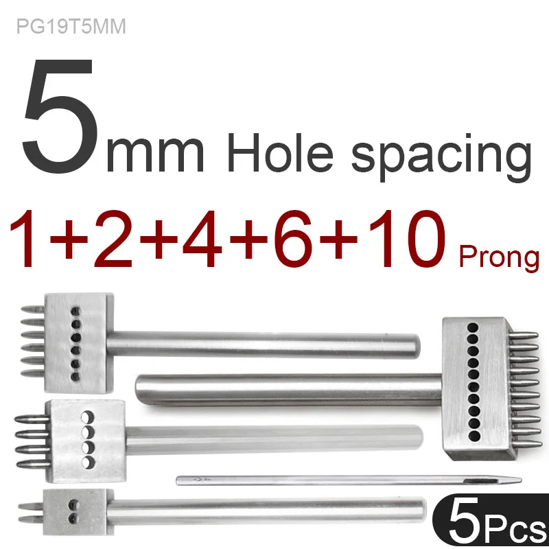 PG19T5MM Кожа перфорационный инструмент 1/2/4/6/10 зубец 4/5/6/8 мм расстояние между отверстиями Round1mm Диаметр укалывание Утюг для кожи ремесла с ящик для хранения - Цвет: PG19T5MM