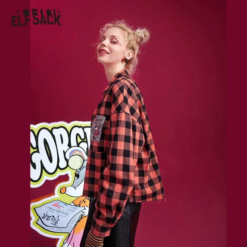 ELFSACK, оранжевая клетчатая Повседневная блуза с аппликацией крысы, рубашки для женщин, зима, вышивка сзади, длинный рукав, офисные женские топы на каждый день