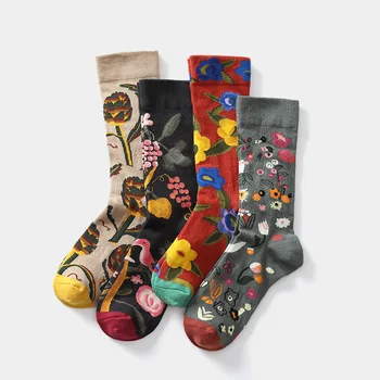 

Harajuku Flower Pattern Breathable Street Skateboard Sock Cotton Middle Tube Socks Unisex Spring and Summer Fashion Socks