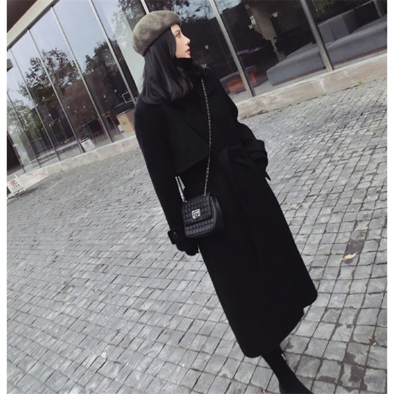 Женские зимние пальто осень и зима новинка большой размер женская черная ветровка с лацканами Свободное длинное шерстяное пальто для женщин