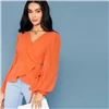 SHEIN Bright Orange Deep V Neck Tie Side Wrap Blouse Women Tops Autumn Pleated Sleeve Solid Elegant Belted Shirt Blouses