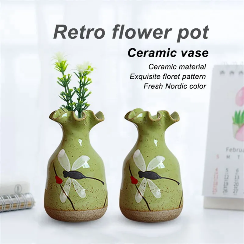 Hand-painted dragonfly retro flower pots ceramic vases simple creative pottery green meat creative water culture decoration home