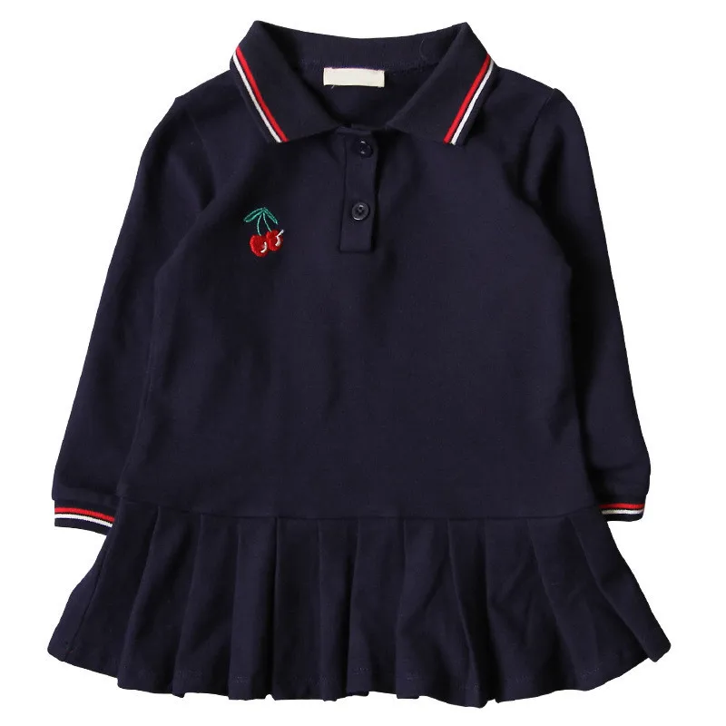 WLG/осенние платья для девочек; детское темно-синее платье с вышивкой вишни; Милая универсальная одежда для малышей