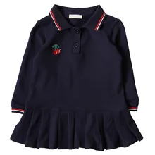 WLG/осенние платья для девочек; детское темно-синее платье с вышивкой вишни; Милая универсальная одежда для малышей