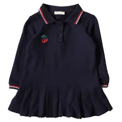 WLG/осенние платья для девочек; детское темно-синее платье с вышивкой вишни; Милая универсальная одежда для малышей