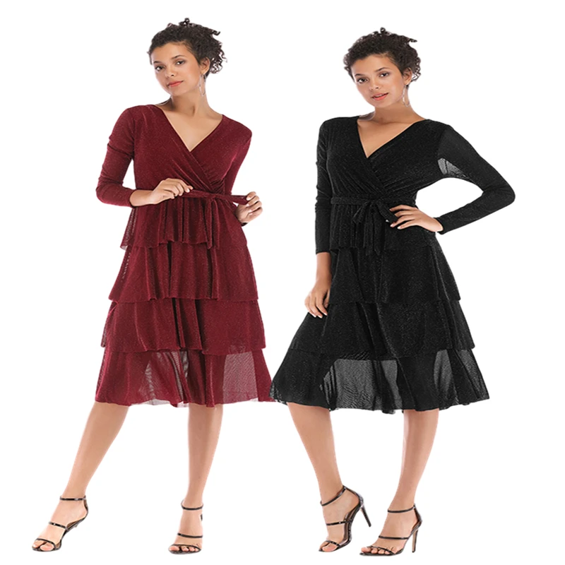 

Mid-length Waist V-neck Lace-up Cake Skirt Party Summer Maxi Women Long Dress Vadim Shein Clothes Befree Vintage Vestido Dresses