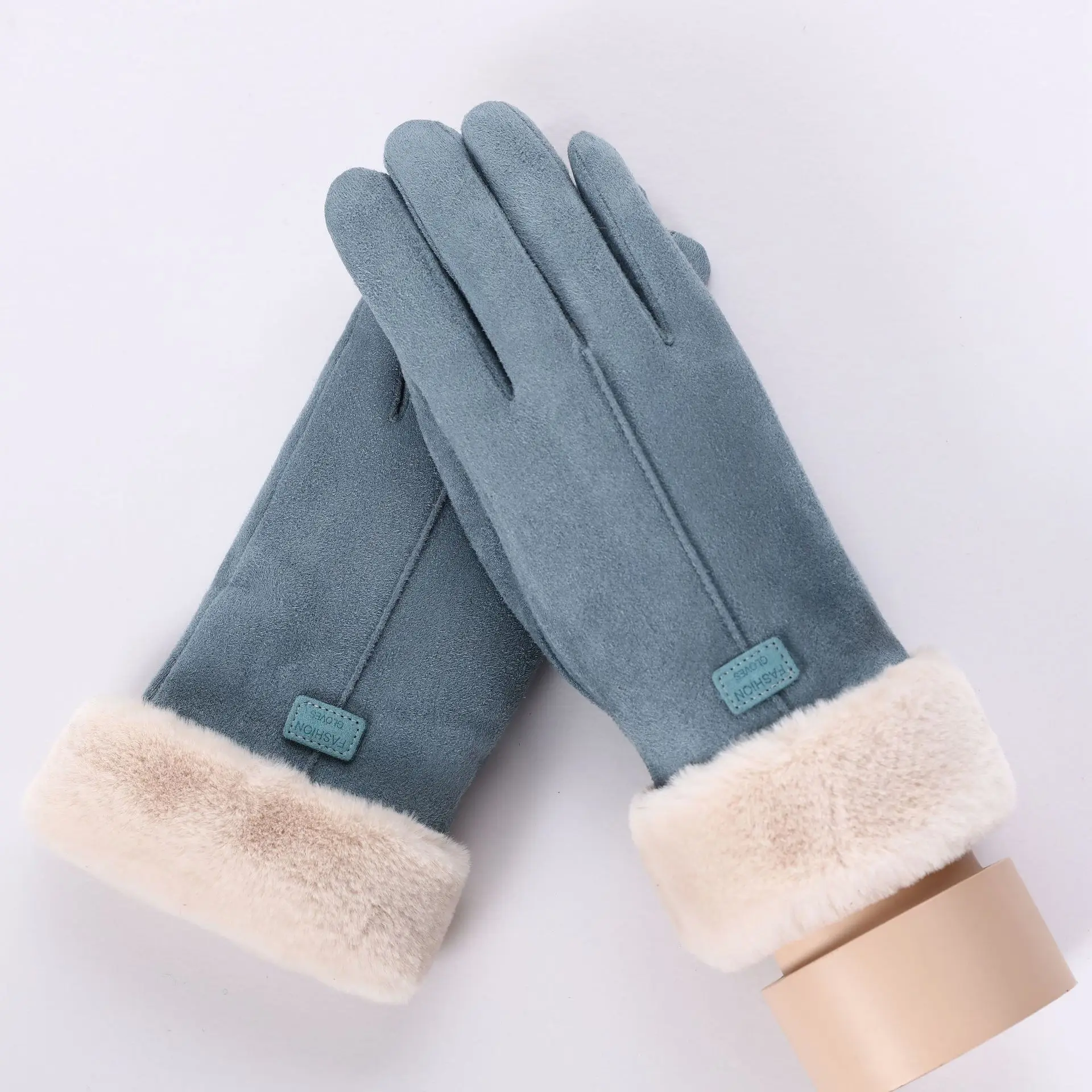 081C-1 Winter Female Lace Warm Cashmere Three Ribs Cute Bear Mittens Double thick Plush Wrist Women Touch Screen Driving Gloves - Цвет: 081C-1