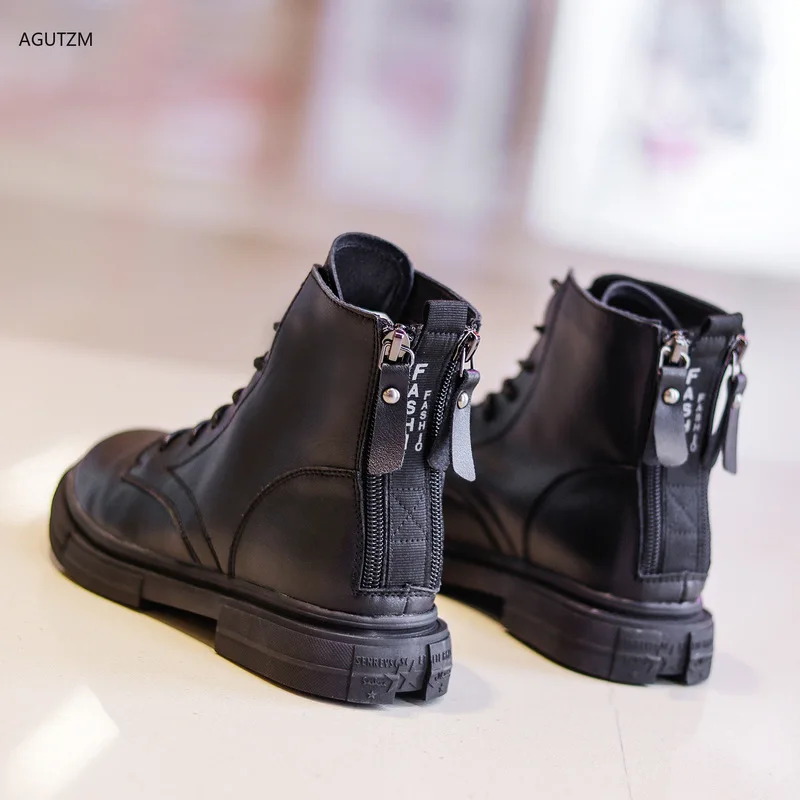 

Botad myjer 2019 New lace up Winter Motorcycle Boots Women British Style Ankle Boots Platform Black Comfortable Martin boots 349