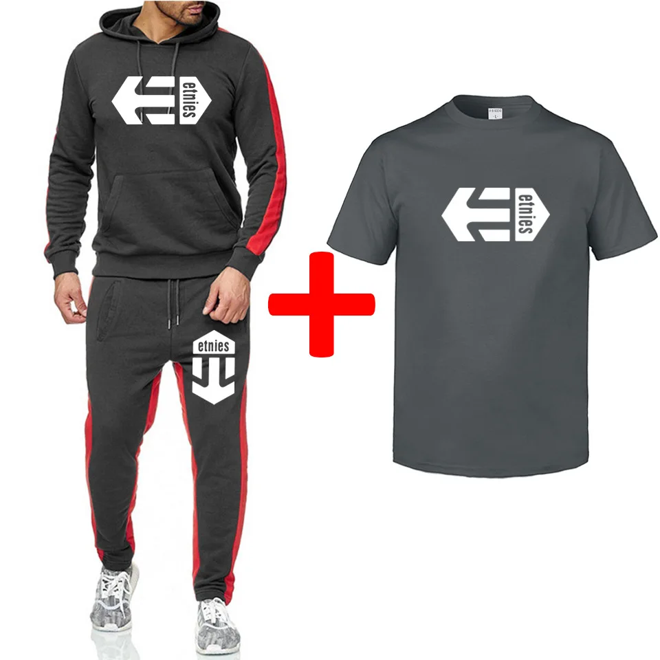 Мужские футболки+ полосатые спортивные штаны с капюшоном, стиль, Etnies, мужской костюм с принтом, популярный бренд, футболка с короткими рукавами и круглым воротником