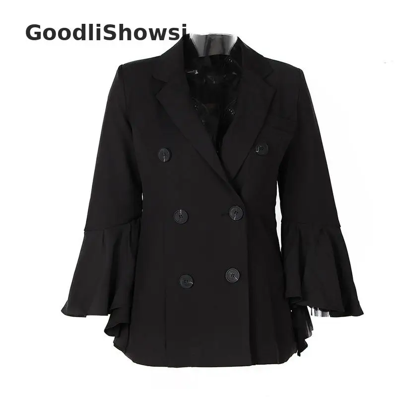 GoodliShowsi Модные женские белые блейзеры Топ сплошной цвет зубчатый лацканы с расклешенными рукавами оборками двубортный костюм куртки OL