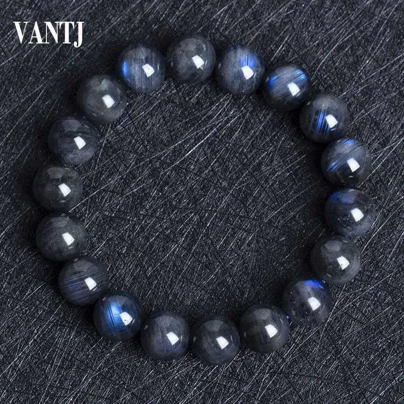 

VANTJ Real Natural Black Labradorite Crystal Round Beads Bracelet Blue Moonstone For Women Lady Party Birthday Jewelry Gift