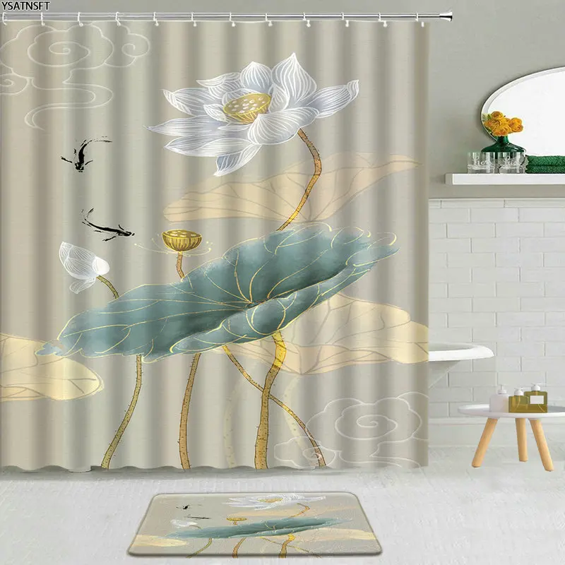 

2pcs set Chinese Landscape Scenery Shower Curtain Bath Mat Rug Lotus Flower Asia Traditional Ink Landscape Art Bath Decor Mat