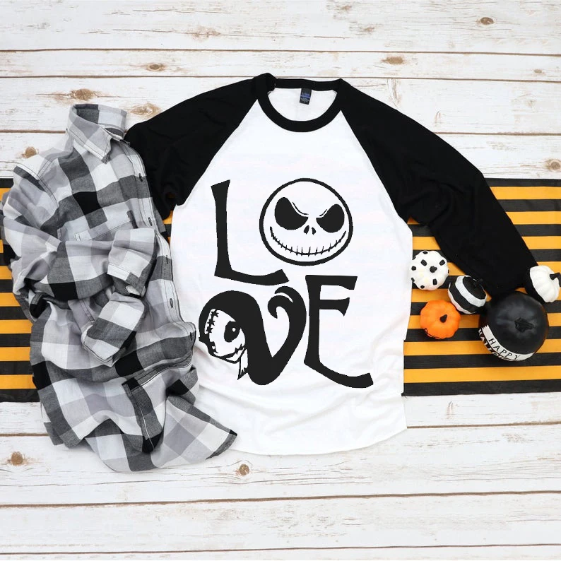 

2019 Jack Skellington and Sally Love Raglan Baseball Tee Women Fashion Nightmare Before Christmas Tops&tee Couple Harajuku Shirt