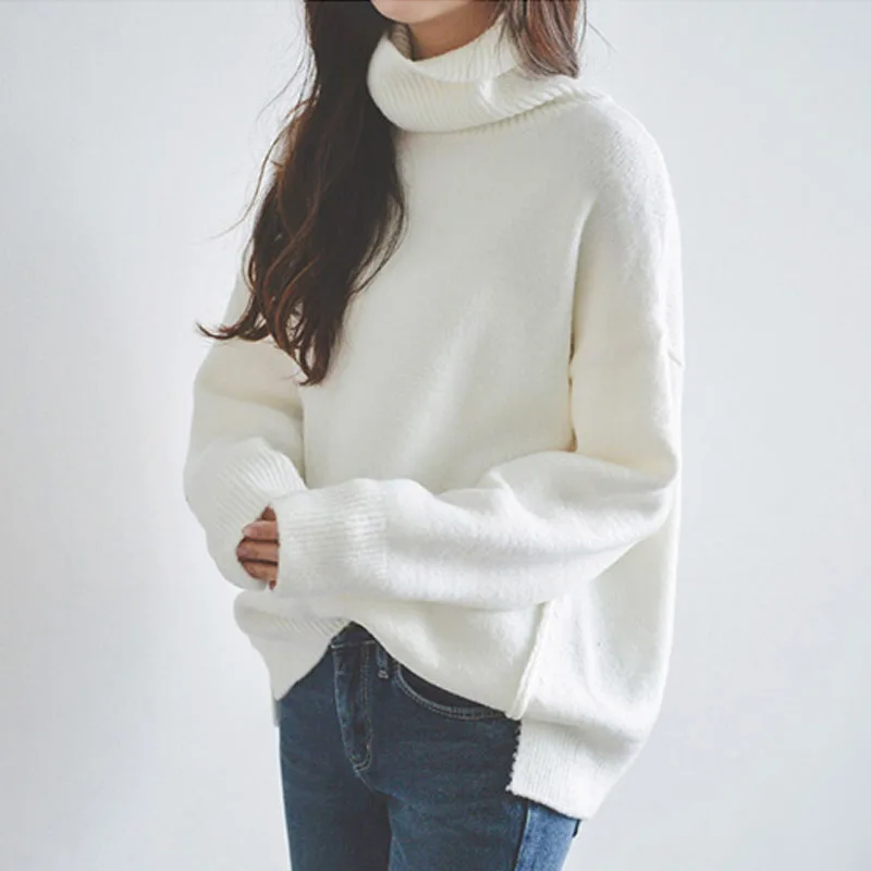 

2020 Autum Casual Turtleneck Sweater Pullovers for Women Long Sleeve Loose Warm Side Split White Knitted Jumpers Female vs357