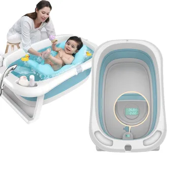 

Foldable Baby Shower Tub with Thermometer Smart Temperature sensing Infant Bath Tubs Baby Non-Slip Widen and Thicken Kid Bathtub