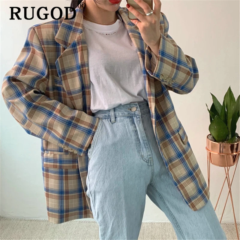 RUGOD/корейский Клетчатый Блейзер, куртка для женщин,, винтажный, с вырезами на шее, Повседневный, ins, уличная, женская мода, auturm, куртка на шнуровке, пальто