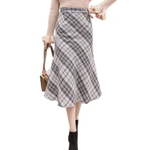 Корейский элегантный шерстяной плед Юбки Женские осень зима высокий облегающий талию, бедра длинная юбка Женская Офисная работа faldas mujer