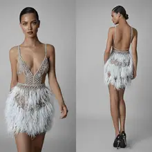 Вечерние платья на тонких бретельках Роскошные перьевые Бисероплетение сексуальное короткое платье с открытой спиной выпускное платье коктейльные платья одежда специальная со стразами