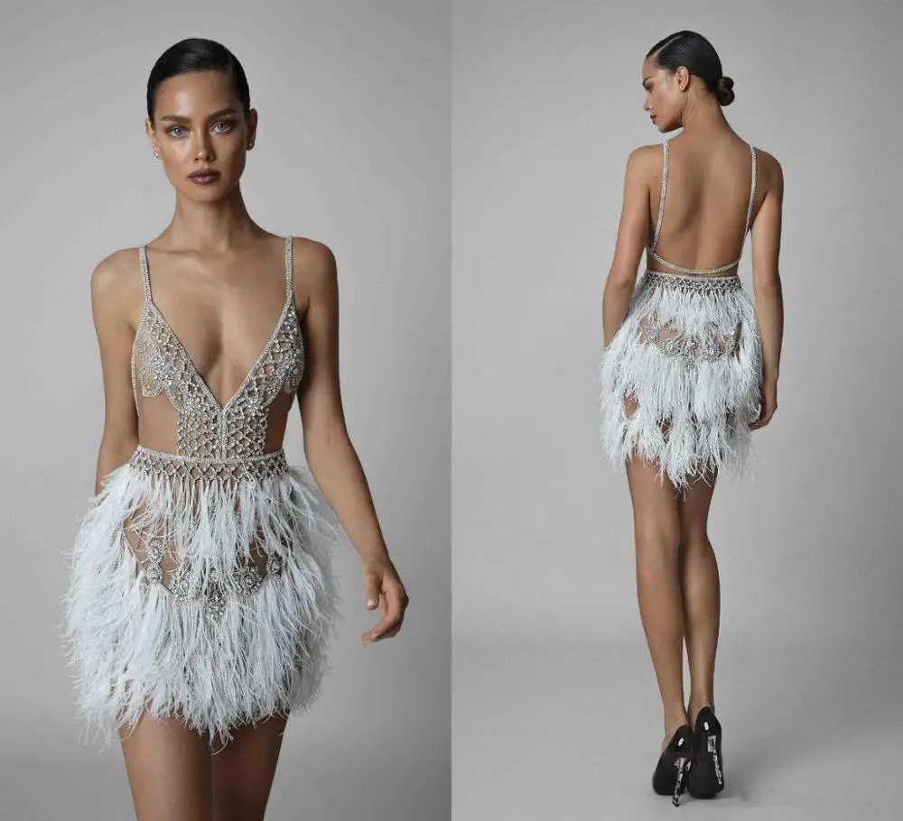 

Evening Dresses Spaghetti Illusion Luxury Feather Beading Sexy Backless Short Prom Dress Cocktail Gowns Rhinestone Special Dress