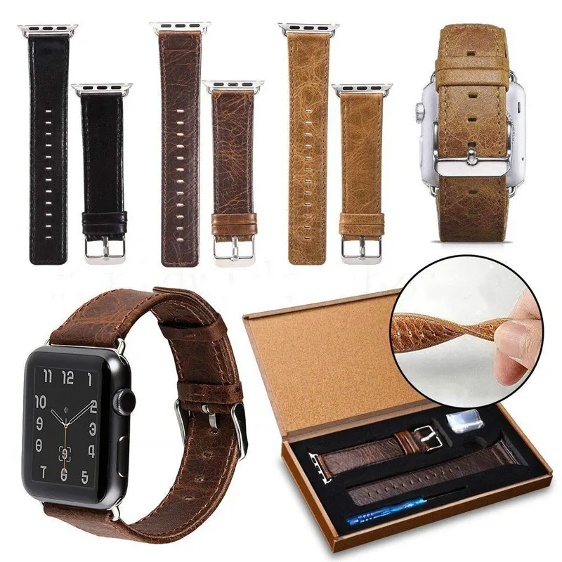 

Genuine Cowhide Leather Strap for Iphone Apple 1/2/3/4 Iwatch Men Women Watch Band Vintage Crazy Horse 42mm 38mm Smart Bracelet