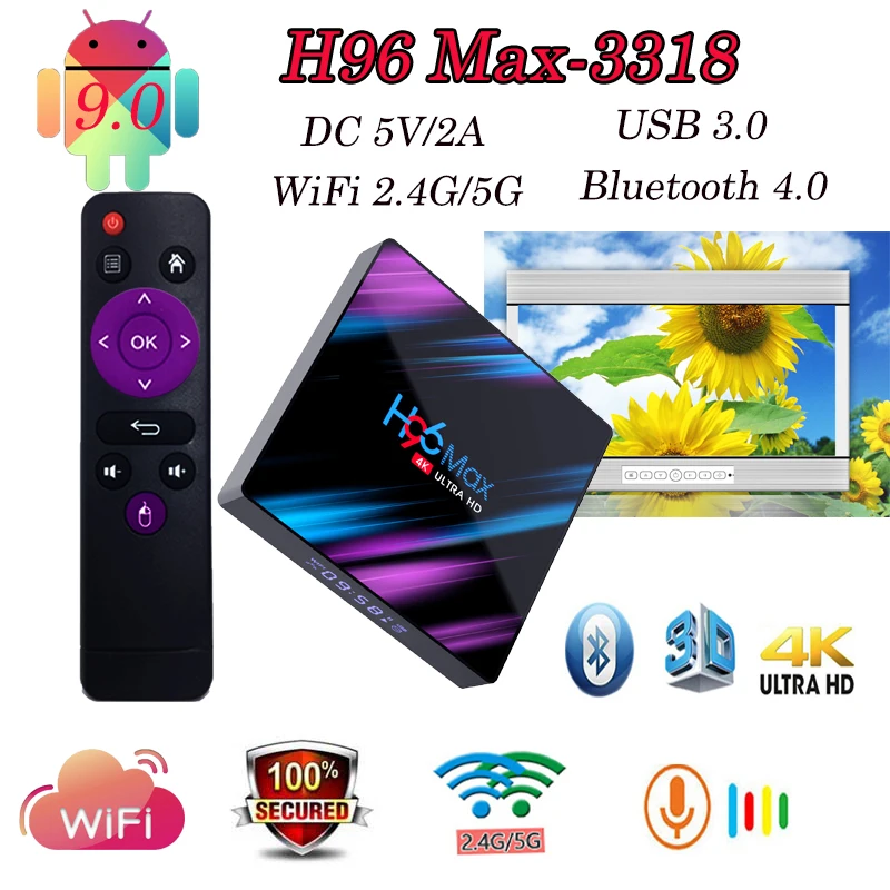 Смарт ТВ приставка Android H96 Max-3318 Смарт медиаплеер Full HD 4K 1080P H.265 DC 5 В/2A WiFi Bluetooth для iptv m3u подписка