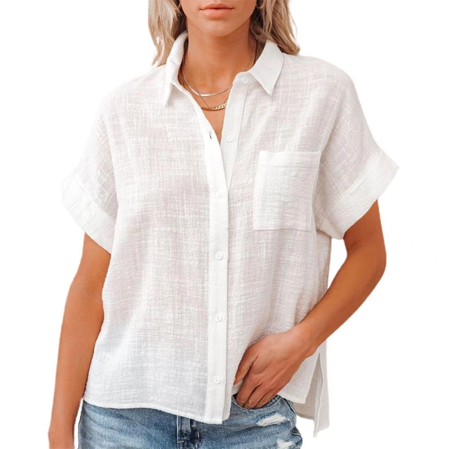 Womens Shirts Summer Loose White Short Sleeve Shirts for