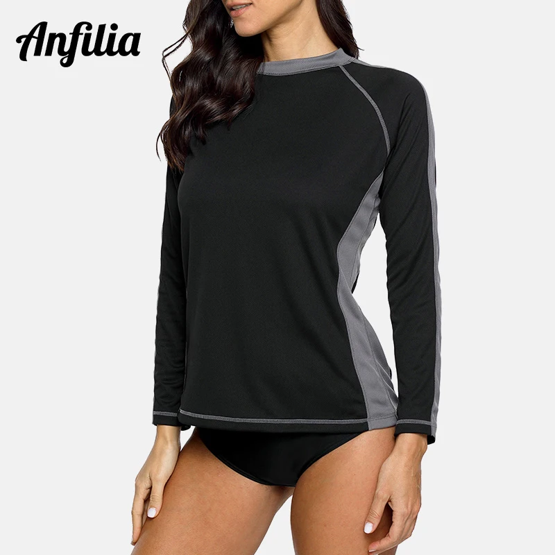 Anfilia, женские быстросохнущие рубашки с длинным рукавом, Рашгард для бега на велосипеде, рубашка с цветным блоком, походный Рашгард, топ UPF 50 - Цвет: BLA