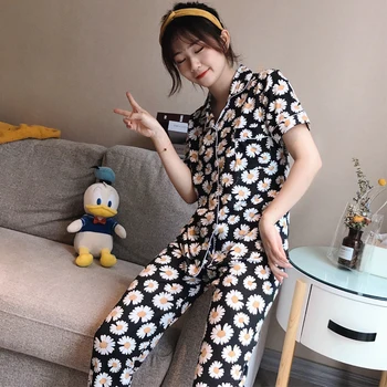 

Pajama Sets for Women short Sleeve summer 2XL Cardigans Printed Elegant Thin Korean Style Homewear Pockets Womens Pyjamas New