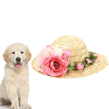 

Dog Hawaii Straw Woven Hat Creative Pet Headdress Pet Flower Straw Cap Photo Prop (Pink Daisy, Size S)