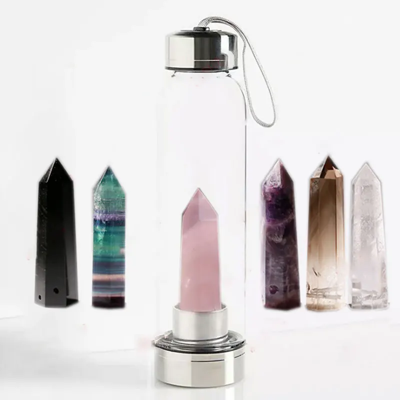 

500ML Natural Crystal Quartz Crystal Gemstone Water Bottle Wand Point Reiki Healing Crystal Glass Healing Bottle Gift QZL017