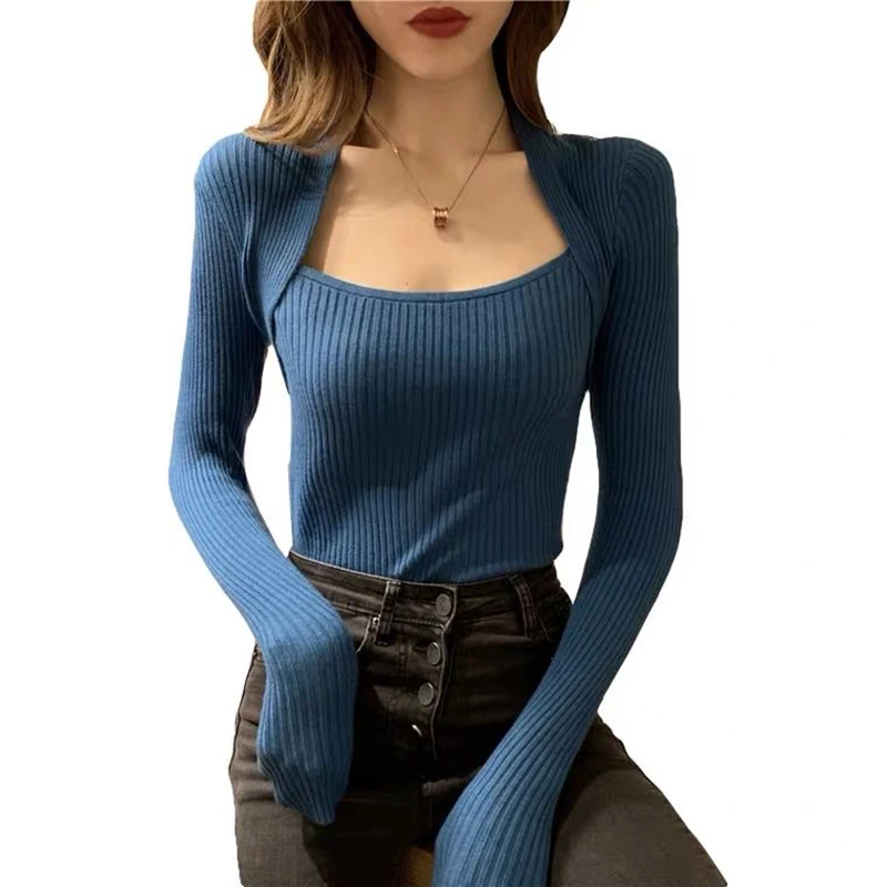 Suéter ins 2020 nuevo Otoño Invierno que basa la camisa de adelgazamiento de suéter de manga larga de las mujeres trazador de líneas suave apretado sexy Jersey top