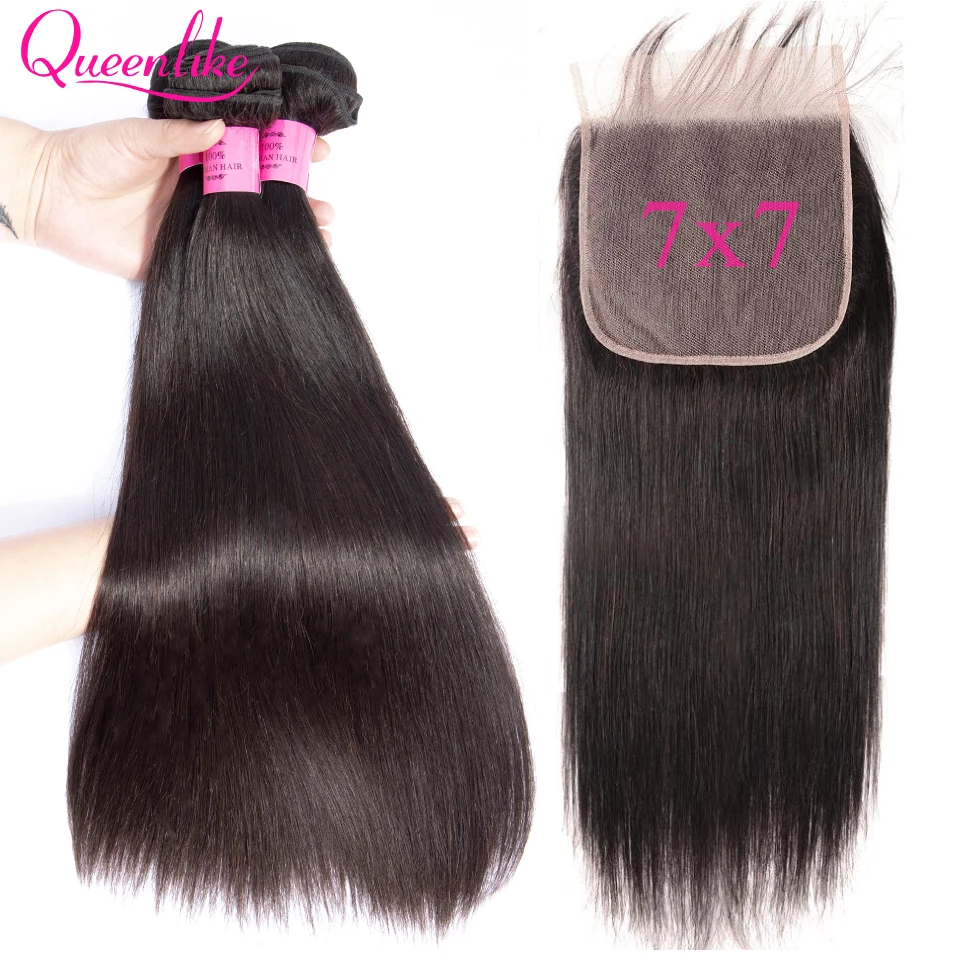 Queenlike-extensiones de cabello humano Remy, mechones de pelo liso brasileño con cierre de encaje grande 3 4, 7x7