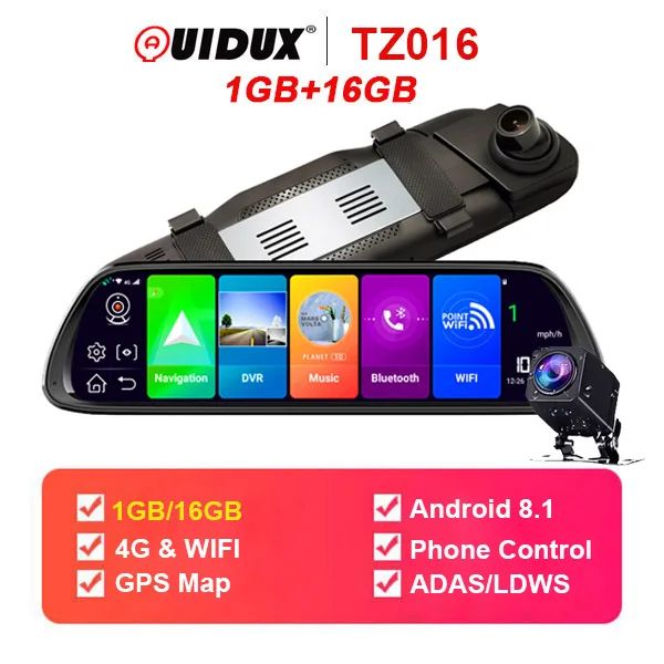 QUIDUX 4G ADAS Автомобильный видеорегистратор Камера 1" Android 8,1 поток медиа зеркало заднего вида FHD 1080P WiFi gps видеорегистратор Регистратор Видео Регистратор - Название цвета: TZ016