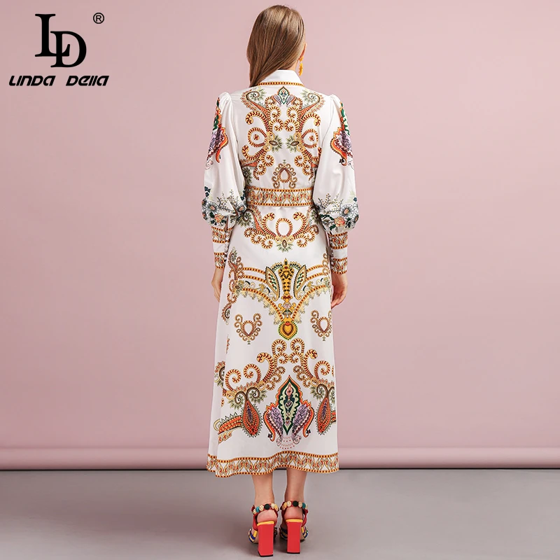 Preise LD LINDA DELLA 2019 Herbst Frauen Kleid Runway Fashion Designer Langarm Einfache Schärpen Wunderschöne Perlen Gedruckt Dünne Kleider