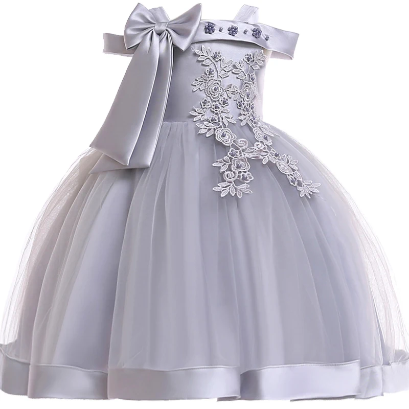Шелковое платье принцессы с вышивкой для маленьких девочек; Элегантные Платья с цветочным узором для девочек; зимние Вечерние платья на Рождество для маленьких детей; свадебные платья - Цвет: D1020-Gray