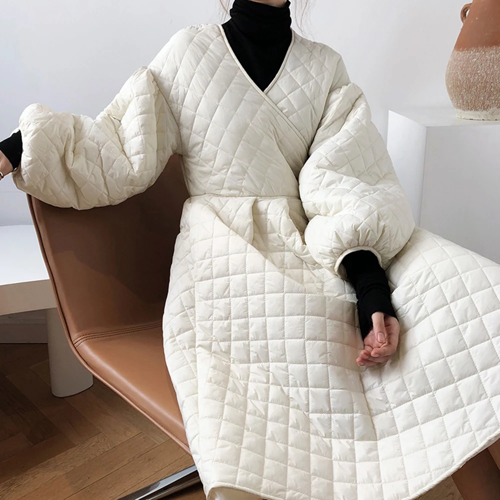 

Quilted Coat Plaid Dress Design Jacket Female Winter Down Jackets Cotton Padded Vintage Parkas Solid Color Elegant Overcoat
