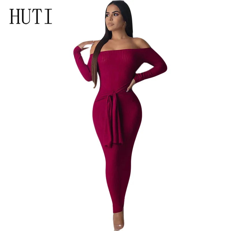 

HUTI Autumn Women New Long Sleeve Off Shoulder Solid Pencil Dress Casual Simple High Stretchy Bodycon Package Hip Maxi Dress
