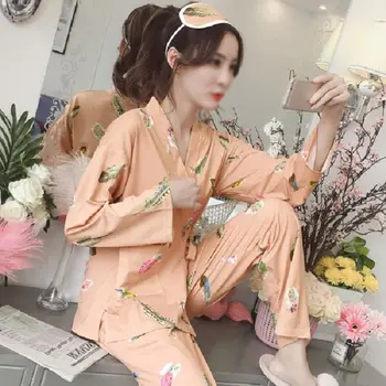 

Spring and Autumn Long-sleeved Pajamas Cartoon Cute Japanese Kimono Casual Loose Home Service Suit Sweet Pajamas Large Size 2020