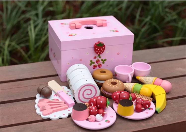 Baby Toys Strawberry Simulation Cake/Afternoon Tea Set Cut Game Pretend Play Kitchen Food Wooden Toy Child Birthday Gift Educate