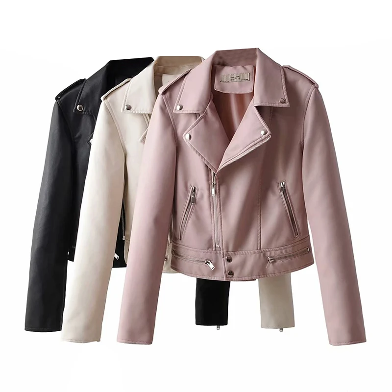 Fall black PU leather jacket women motorcycle biker jacket moto vintage ladies pink faux leather jackets coats female