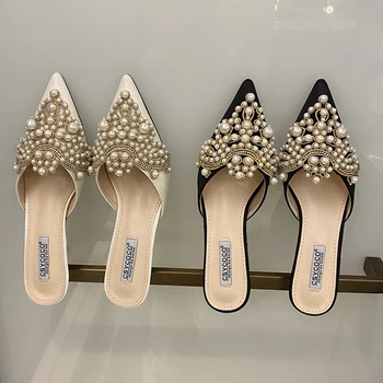 

Summer Luxury Slippers Women Designer Slides Ladies Brand Mules Shoes Women Dress Shoes Crystals Slippers Pointed Toe Heels