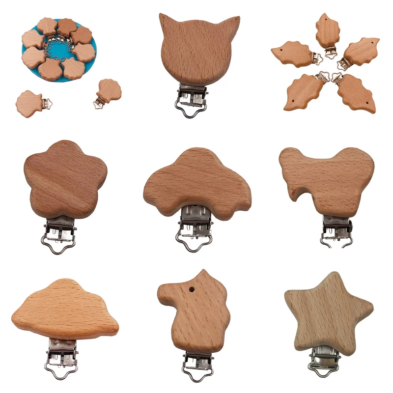 

1Pcs Baby Wooden Pacifier Clip Natural Beech Wood Baby Pacifier Clips Cartoon Animals Pacifier Chain Accessory Baby Teether Toys